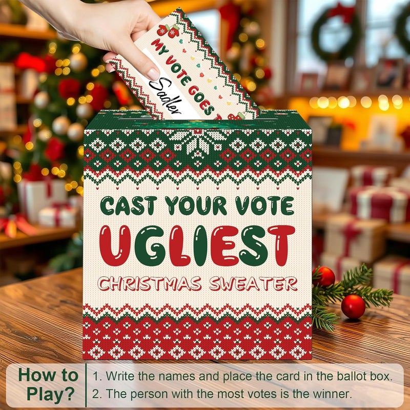 CINSOEN Christmas Ugly Sweater Contest Ballot Card Box, Decorative Christmas Voting Card Box Set with 50 Ballot Voting Cards, Cast Votes for Ugliest Sweater Holiday Xmas Games Party Decorations - Image 3